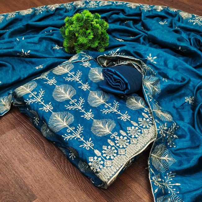 Vichitra Silk Sea Blue Traditional Wear Embroidery Work Dress Material